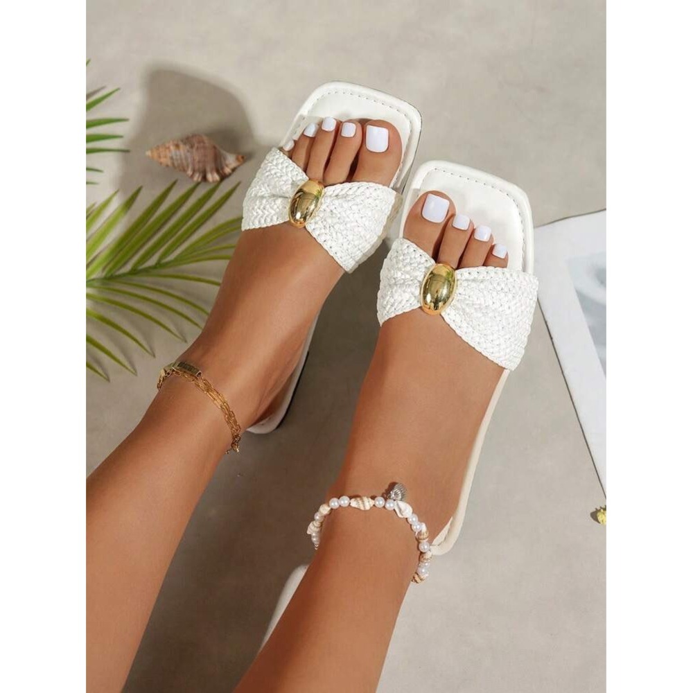 Fashion White Woven Square Toe Slide Sandals Gold Hardware Flat Mules